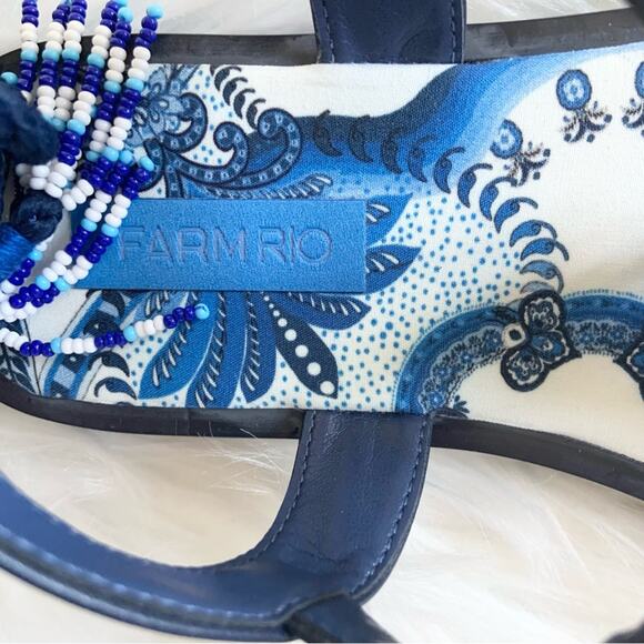 Farm Rio Blue Beaded Flat Lace Up Sandals White Vacation Size 6 NEW WITHOUT BOX - Picture 6 of 16